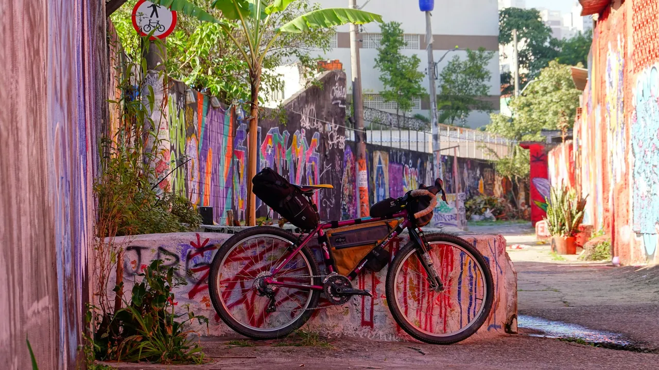 A loaded bike carrying a frame bag and bar bag, propped against a heavily graffitied wall.