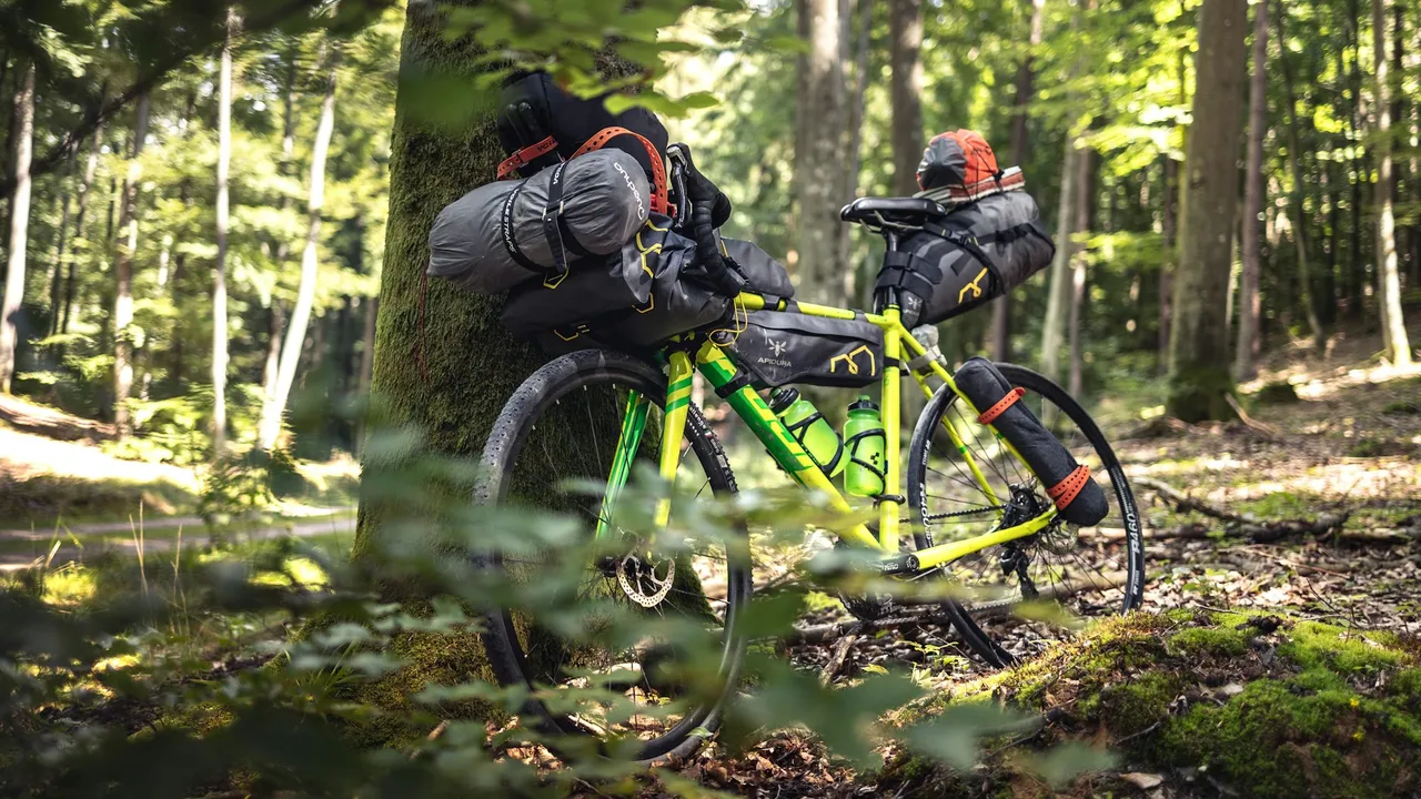 A green gravel bike carrying a bar roll and seat pack, propped against a mossy log on a forest trail.