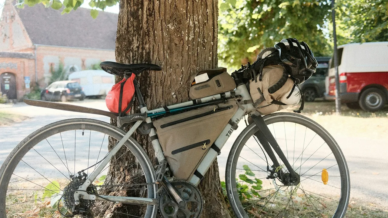 A drop-bar touring bike carrying a frame bag and a bar roll, leaning against a tree at the roadside.