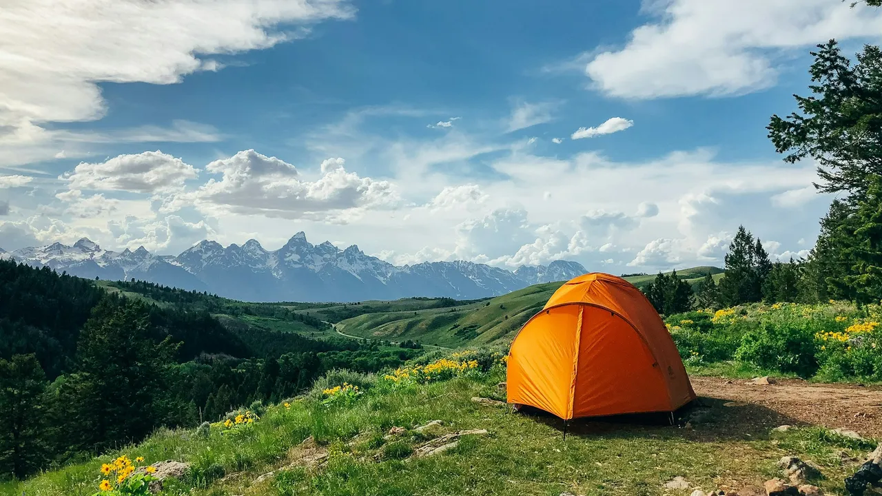 A small orange tent pitched alone in a green meadow below a snow-topped mountain range.
